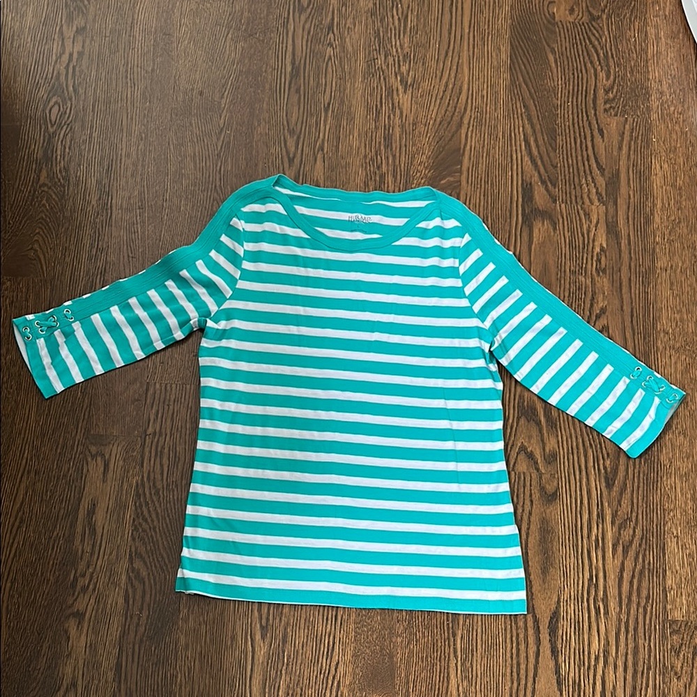 Turquoise Blie and White Long Sleeve Striped Tee with tie accent sleeve